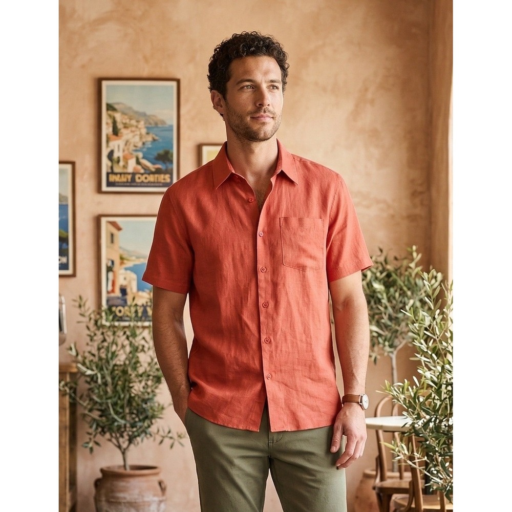 Visitor Washable Linen Short Sleeve Button Down Shirt Men's XL Orange Coastal